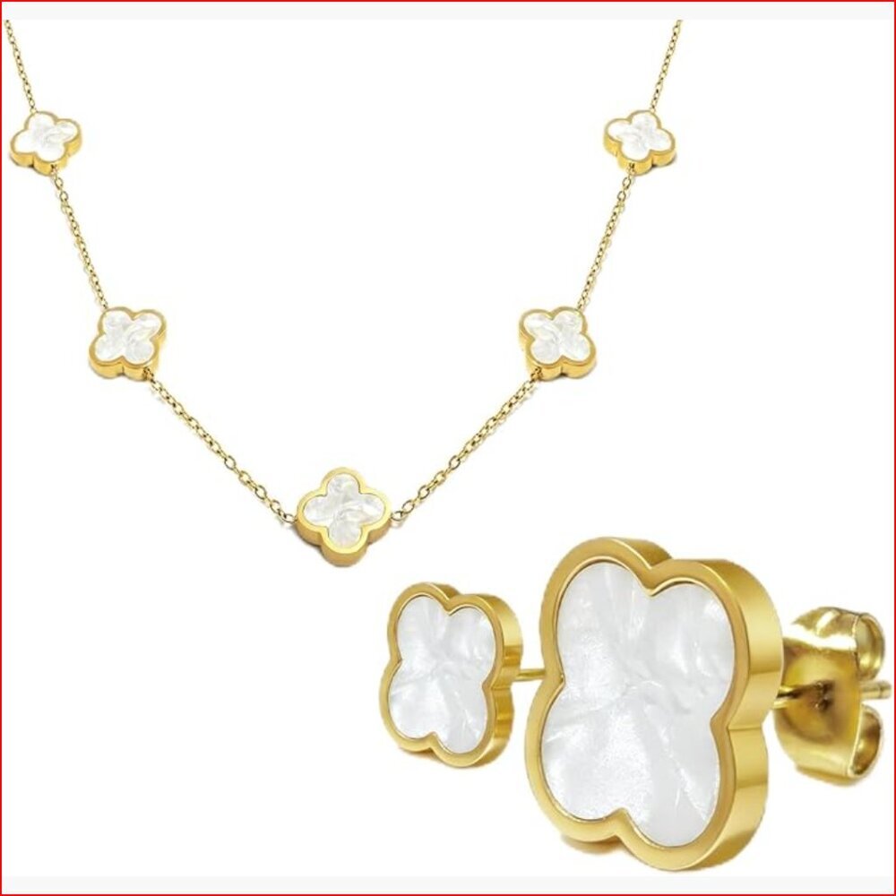 18K Gold Plated Four Leaf Clover Necklace Set Stainless Steel Dainty